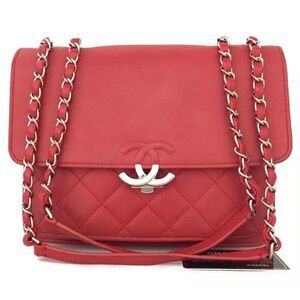 Auth Chanel Tramezzo Box Flap Double CC Logo Calfskin Chain Shoulder Bag Red